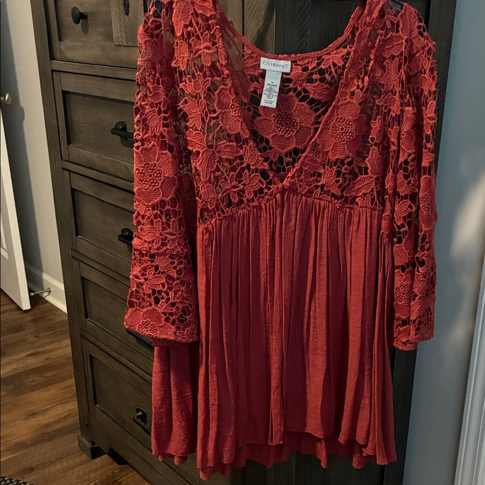 Catherines Rust Crochet Lace V-Neck Tunic